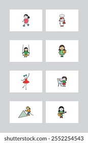 Colorful Girl Hobby Illustration Set.