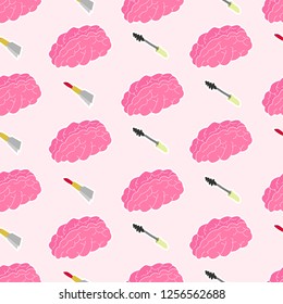 Colorful girl power pattern. Illustration contains elements: brain, mascara brush and lipstick.