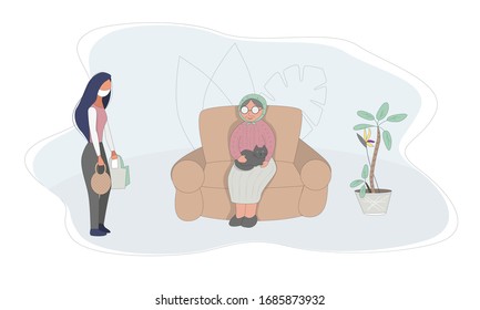 Colorful girl with products in shopping bags helps the elderly grandma sitting on sofa with cat. Vector illustration isolated on white background.