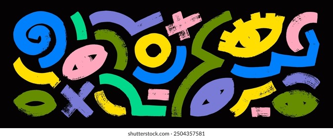 Colorful girly grunge style doodle geometric elements for collages and graphic design templates. Bold brush drawn eyes, circles, crosses and thick curved lines. Punk style icons with rough edges.