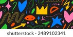 Colorful girly seamless pattern with crayon drawn shapes, arrows, crown and heart. Abstract y2k background. Kid's style funky elements. Hand drawn Memphis style pattern with cute and trendy shapes.