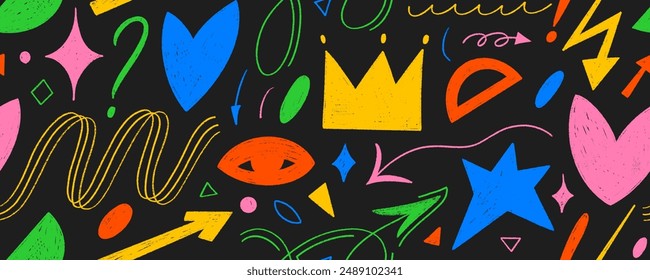 Colorful girly seamless pattern with crayon drawn shapes, arrows, crown and heart. Abstract y2k background. Kid's style funky elements. Hand drawn Memphis style pattern with cute and trendy shapes.