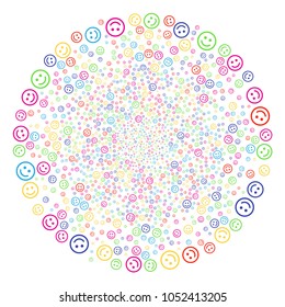 Colorful Glad Smiley exploding round cluster. Vector spheric cluster bang created with scattered glad smiley objects. Psychedelic Vector illustration.