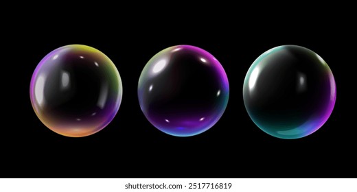 Colorful glass 3D balls with shiny surfaces reflect light and create stunning visual effects. Ideal for modern designs in a vector illustration set.