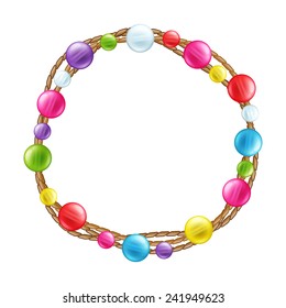 Colorful glass beads decoration round frame. Mardi gras background.