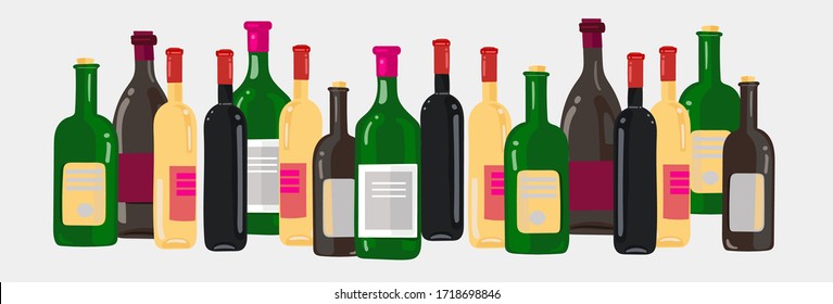 Colorful glass bottles of alcohol on a white background lined up in a long line. For banner design, websites, and printing. Vector drawing.
