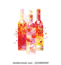Colorful glass bottles with flowers vector illustration. Party flyer, wine tasting event, wine festival, celebrations, restaurant poster. Wine drink design for invitation card, menu, promotion
