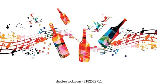 Colorful glass bottles with musical notes vector illustration. Party flyer, wine tasting event, wine festival, celebrations, restaurant poster. Wine drink design for invitation card, menu, promotion	