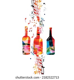 Colorful Glass Bottles With Musical Notes Vector Illustration. Party Flyer, Wine Tasting Event, Wine Festival, Celebrations, Restaurant Poster. Wine Drink Design For Invitation Card, Menu, Promotion	