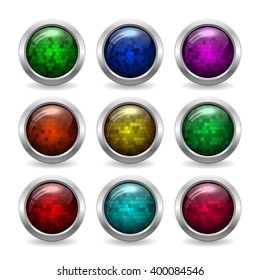 Colorful glass buttons with glitter in metallic frame for Website or App
