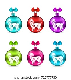 Colorful Glass Christmas Balls with Dogs. Group Balls with Bows Isolated on White Background - Illustration Vector