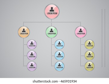 Colorful Glass Circle Organization Chart Infographics with People Icon, Business Structure, Vector Illustration.