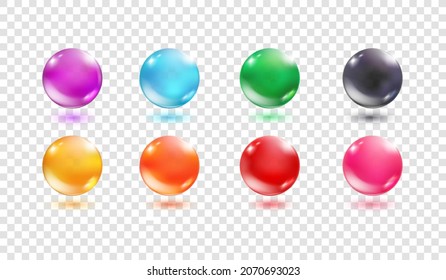 Colorful glass orbs. 3d sphere realistic transparent crystal ball, circle glossy bubble, translucent oil collagen water drop, bead color orange pink red blue vector illustration glass circle sphere