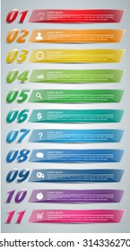 Colorful Glass Rectangle Text Box With Number, Business Icon and Information Text. 11 Options, For Business/Finance Infographic. Vector Illustration