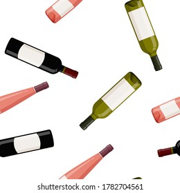 Colorful glass wine bottles with blank labels background. Seamless pattern.