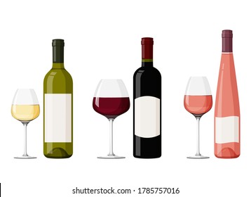 Colorful glass wine bottles with wineglasses. Realistic vector illustration. Red, white and pink wine.