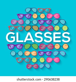 Colorful glasses circle infographics template concept. Icons for your product or design, web and mobile applications. Vector flat with long shadow illustration background 