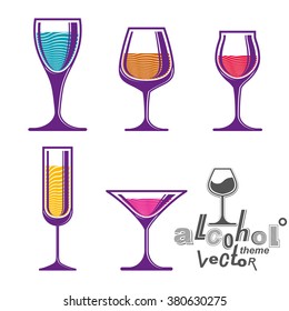 Colorful glasses collection, martini, wine, cognac, whiskey and champagne. Alcohol theme creative illustrations. Entertainment elements, best for use in graphic and web design.