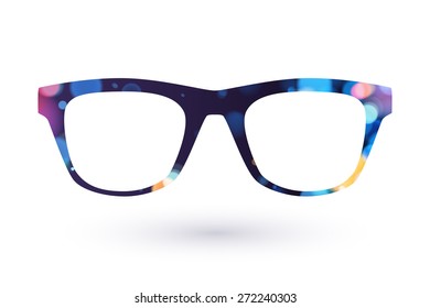 Colorful glasses frame logo icon symbol. Dark back with bokeh.