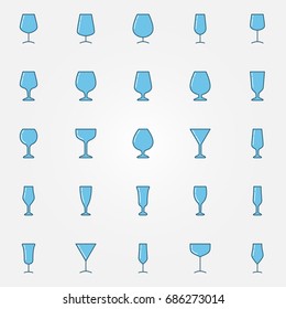 Colorful glasses icons set. Vector wine and cocktail blue glasses creative signs