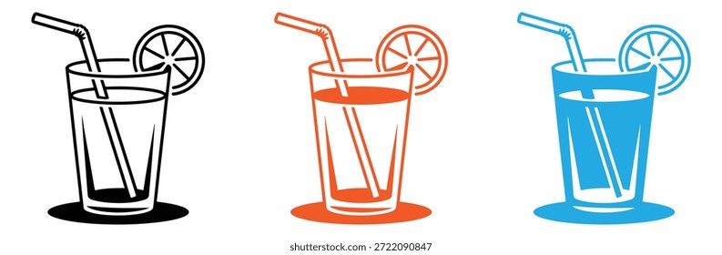 Colorful glasses of refreshing drinks with straws and lemon,Drink glass icons of various shapes and uses. Classic alcoholic cocktail and cocktail glass thin line icon set. Vector illustration.