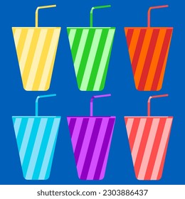Colorful glasses of water with straw in flat vector illustration design