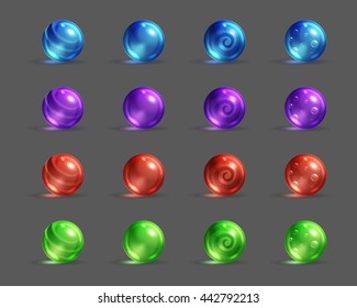 Colorful glassy magic balls set, cartoon fantasy game assets. Vector illustration.