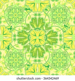 Colorful, glaze seamless pattern of mandalas. Vector oriental pattern on a bright yellow green tones. Fairy floral pattern of circular elements.Can be used for textiles, carpet, tile, shawl.
