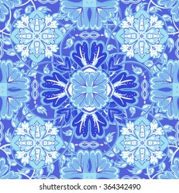 Colorful, glaze seamless pattern of mandalas. Vector oriental pattern on a bright blue tones. Fairy floral pattern of circular elements.Can be used for textiles, carpet, tile, shawl.