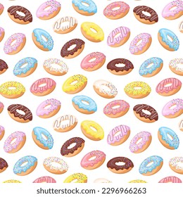 Colorful glazed donut seamless pattern. Sweet birthday pastry. Confectionery dessert. For menu design,cafe decoration,delivery box,textile,wallpaper,fabric,decor. Vector illustration in flat style.