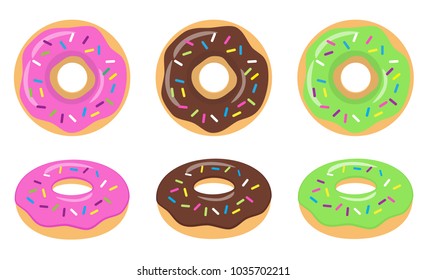 Colorful glazed donut set on white background. Strawberry, chocolate and green glazed donuts. The view from the top and from the side. Vector illustration