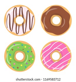 Colorful glazed donut set on white background. Strawberry, chocolate, white and green glazed donuts. The view from the top. Vector illustration