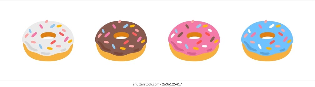 Colorful glazed donut set on white background. Strawberry, chocolate and green glazed donuts. The view from the top and from the side. Vector 10 eps.