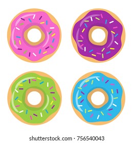 Colorful glazed donut set on white background. The view from the top. Vector illustration