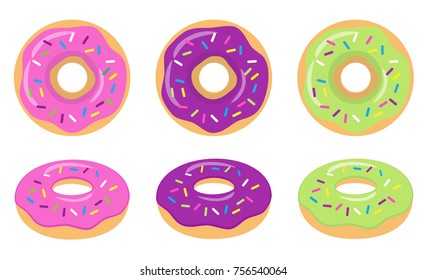 Colorful glazed donut set on white background. The view from the top and from the side. Vector illustration