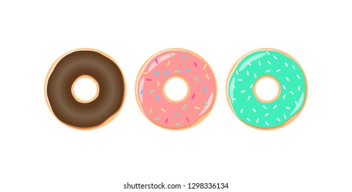 Colorful glazed donut with sprinkles vector set. Chocolate, turquoise and pink icing doughnut cartoons.