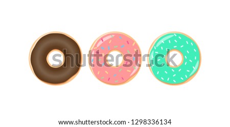 Colorful glazed donut with sprinkles vector set. Chocolate, turquoise and pink icing doughnut cartoons.