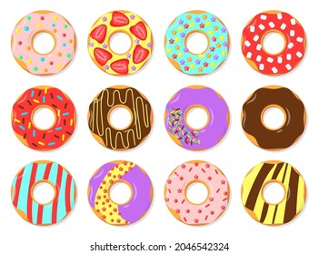 Colorful glazed donuts flat vector illustrations set. Simple trendy pattern with doughnuts with chocolate cream topping, sweet food from dough isolated on white background. Pastry, bakery concept