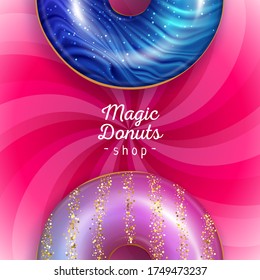 Colorful glazed donuts icons background. Sweet bakery vector with decorations - top view.