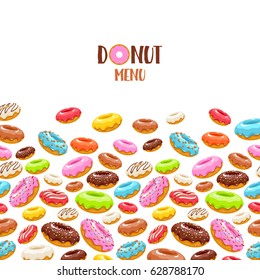 Colorful glazed donuts icons background. Sweet bakery vector with decorations.