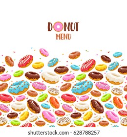 Colorful glazed donuts icons background. Sweet bakery vector with decorations.