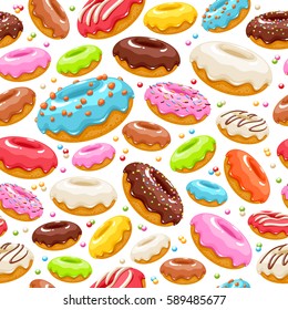 Colorful glazed donuts icons seamless background. Sweet bakery vector with decorations.