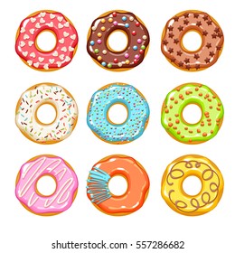 Colorful glazed donuts icons set. Sweet bakery vector with decorations - top view.