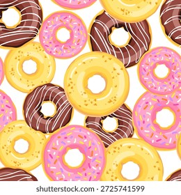 Farbige verglaste Donuts nahtloses Muster. Süßer Hintergrund. Flache Vektorgrafik. 