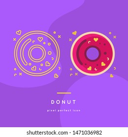 Colorful glazed donuts in two style variations. Dessert flat icons. delicious sweet bakery icon. Fast Food Line Icons Set
