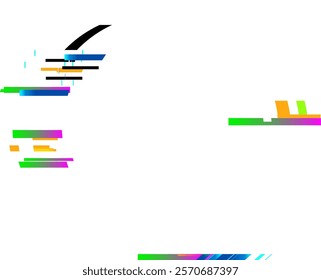 Colorful glitch art simulating digital distortion effect with pixels and horizontal lines over a white background, perfect for technology and digital art concepts