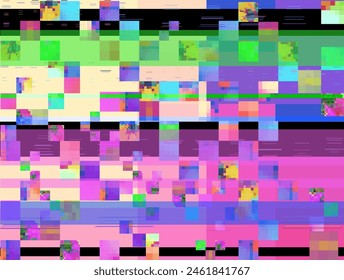 Colorful glitch elements vector background. Abstract digital pixels, noise glitch error screen. Distorted random squares shapes and lines pattern, bug or damaged video signal