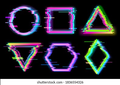 Colorful Glitch Geometric Shapes, Frames Set With Neon Effect On Black Background, Circle, Square, Rhombus, Triangle, Hexagon, Vector Illustration