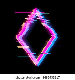 Colorful glitch rhombus geometric shape, frame with neon glitch effect on black background, vector illustration