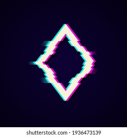 Colorful glitch rhombus geometric shape, frame with neon glitch effect on black background